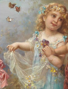 小さな女の子と蝶 ハンス・ザツカの古典的な花 Oil Paintings